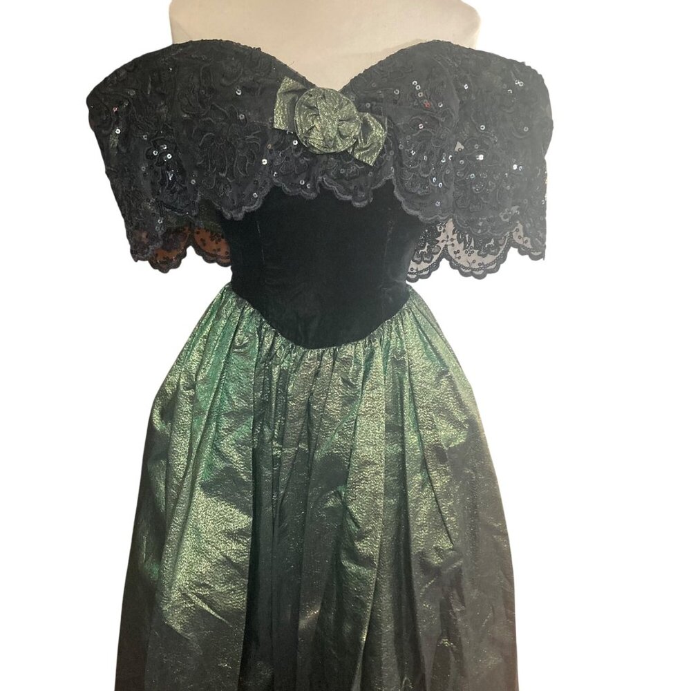 Vintage 80s Jessica McClintock Prom Dress 4 Black Velvet Green Fairy Goth - Picture 2 of 13